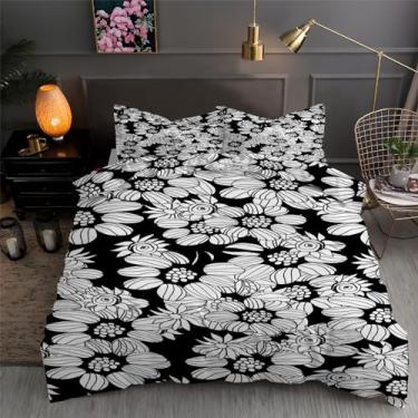 Imagem de Jogo de cama solteiro preto com flores e 3 peças para decoração de quarto, capa de edredom de microfibra macia 168 x 223 cm e 2 fronhas, com fecho de zíper e laços