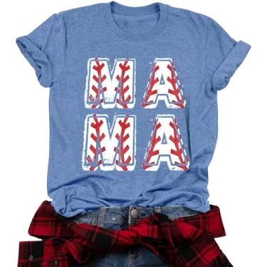 Imagem de Camiseta feminina de beisebol Mama Day com estampa de letras engraçadas beisebol mãe camiseta casual leopardo mamãe camisetas, Azul - 1, M