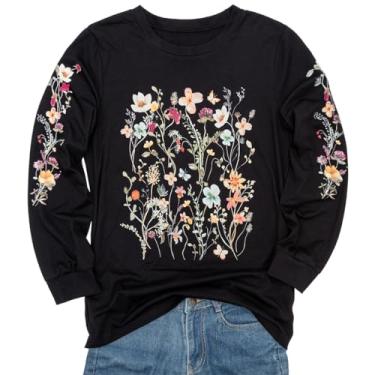 Imagem de Camiseta feminina de manga comprida com estampa de flores, casual, boêmio, flores silvestres, vintage, botânica, natureza, tops, Z - preto, G