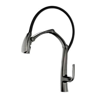 Imagem de Torneira de cozinha cinza com arma de latão luxuosa, sucção magnética por indução inteligente, design pull-out, frio e amp; Torneira para pia quente, cinza escovado1