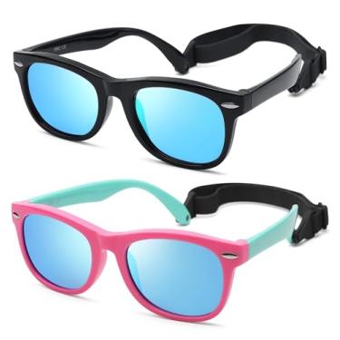 Imagem de LIU·WEN Óculos de sol polarizados fofos para bebês – Flexível dobrável com alça para recém-nascidos, meninos e meninas de 0 a 24 meses, Espelho B4 preto brilhante/azul + rosa-verde/azul espelhado,