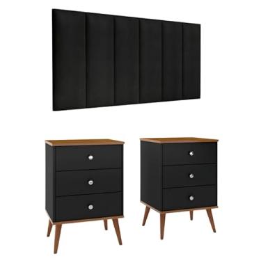 Imagem de Kit Quarto Cabeceira de Cama Casal 1,40m com 2 Mesa de Cabeceira Mix Preto/Freijo