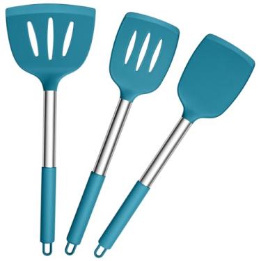 Imagem de P&P CHEF Utensílios de cozinha de silicone, conjunto de utensílios de cozinha à prova de calor, 3 peças para virar, espátula antiaderente e sólida, fácil de limpar e não tóxico, azul