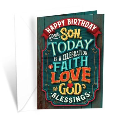 Imagem de Prime Greetings Cartão de aniversário religioso para filho, feito nos EUA, ecológico, cartolina grossa com envelope premium 12,7 cm x 19,7 cm, embalado em capa protetora