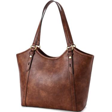 Imagem de VASCHY Bolsa feminina moderna, grande, de couro vegano, alça superior, bolsa de ombro com zíper para trabalho, Marrom, One Size