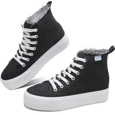 Imagem de Obtaom Tênis de cano alto plataforma feminino cano médio para brincar de lona, plataforma lavada, skate, tênis casual de lona, Preto, 40