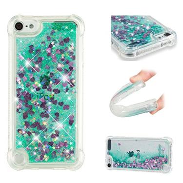 Imagem de LEMAXELERS Capa compatível com iPod Touch 7, capa líquida com glitter flutuante, areia movediça, à prova de choque, capa de TPU macio de silicone brilhante para iPod Touch 5 / Touch 6. YBL Love Green