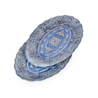 Imagem de Sungmor Louça de jantar fina de grés em relevo, travessa de porcelana estilo barroco antigo, conjunto de pratos grandes ovais de servir de 5 e 40 cm, prato de cerâmica sofisticado, decoração de mesa