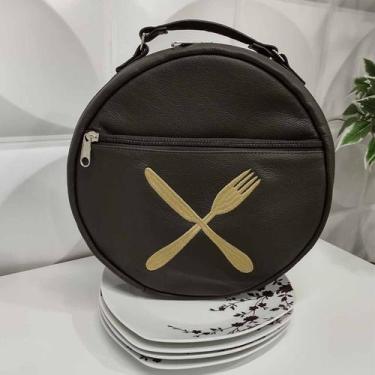 Imagem de Bolsa Porta Pratos Personalizado Talheres Marrom Couro Legítimo - Cout
