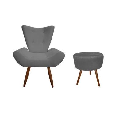 Imagem de Kit Poltrona Decorativa Emilia + Puff Redondo Suede Cinza Pés Madeira 