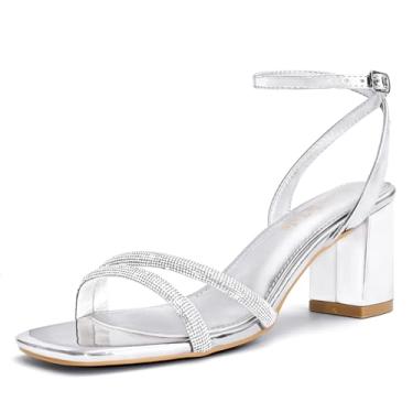Imagem de Shoe'N Tale Sandálias de salto com tiras para mulheres, bico quadrado, salto grosso, fivela no tornozelo, Strass, prata, 35