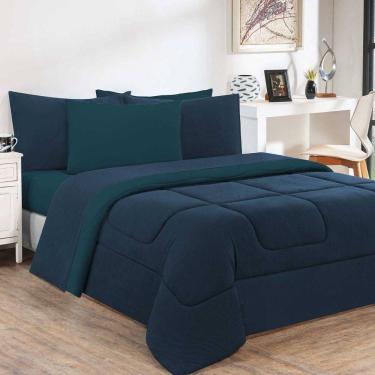 Imagem de Kit Edredom + Jogo De Lençol 100% Algodão Gran Moratta 5 Peças Solteiro Azul Marinho-azul Petróleo
