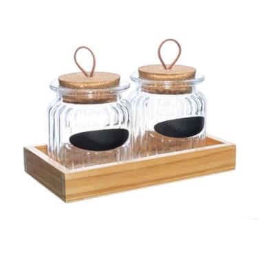 Imagem de LYOR - Conjunto 2 Porta Mantimentos de Vidro com Tampa de Rolha e Suporte de Madeira - Capacidade 260ml Cada