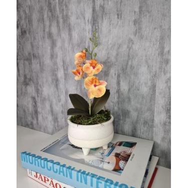 Imagem de Arranjo De Mini Orquídea Laranja Vaso Bege Claro Redondo - FLORESCER D