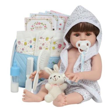 Imagem de Boneco Reborn Menino Realista Roupão Coelho Bolsa Acessórios - Cegonha