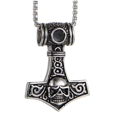 Imagem de GIfts for Father Punk Colar masculino de aço inoxidável vintage Thors Hammer com pingente de flor rosa, corrente de caixa de 69 cm (martelo Thor de caveira), Aço inoxidável