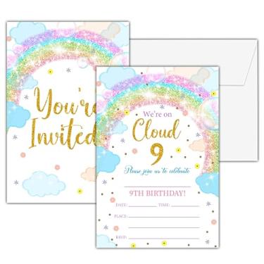 Imagem de Convites de aniversário de 9 anos, 25 cartões de convite de festa de nuvens arco-íris de dupla face com 25 envelopes, convites de festa infantil suprimentos de decoração de celebração - B03