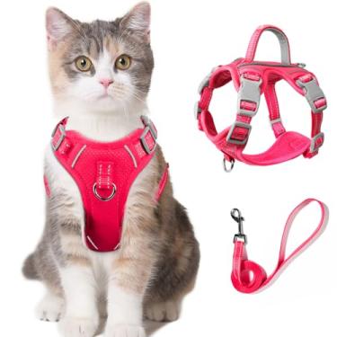 Imagem de Conjunto de coleira e peitoral para gatos para caminhada à prova de fuga para gatos pequenos e grandes com bolso para etiqueta de identificação (rosa), P)