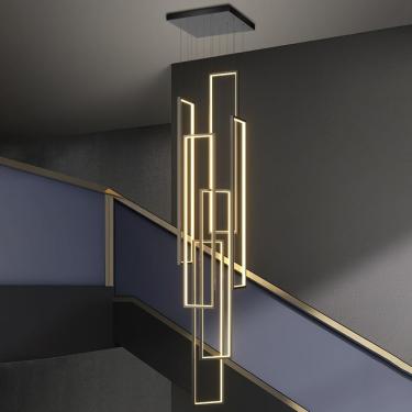 Imagem de Lustre pendente LED regulável moderno com controle remoto com altura ajustável 140W Lustre de escada longa Luminária de teto alto para hotel Foyer, lustre retangular de 4 anéis, 6 luzes