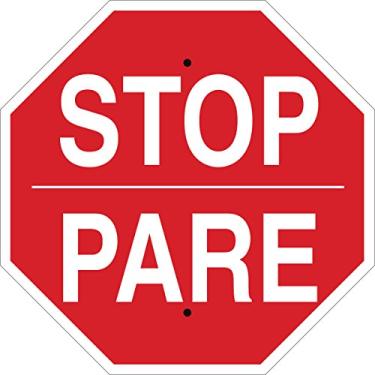 Imagem de Brady Placa bilíngue 124571, legenda "Stop/Pare", 45,7 cm de altura, 45,7 cm de largura, branco sobre vermelho