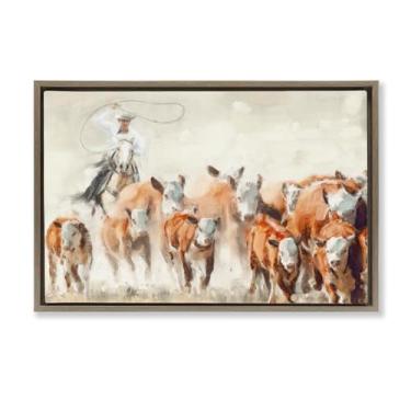 Imagem de Stupell Industries Tela flutuante emoldurada Cowboy Cattle Roundup Design de arte de parede por Nina Blue, moldura flutuante marrom, 78 x 53 cm