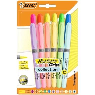 Imagem de Bic Aderência de marca-texto, punho de borracha com nervuras para conforto extra, tinta à base de água, cores sortidas intensas e pastel, pacote com 12
