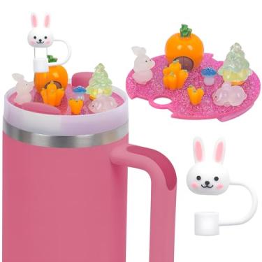 Imagem de NELL&WELL Acessórios para tampa de copo com tema de coelho de 1,134 g, material acrílico com capa de palha de coelho de silicone, compatível com copo Stanley