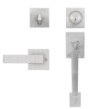 Imagem de HARDHAWK Conjunto de maçanetas de porta frontal com alavanca de fechadura preta, conjunto de fechadura externa reversível, conjunto de maçaneta de entrada quadrada ajustável para portas canhotas para