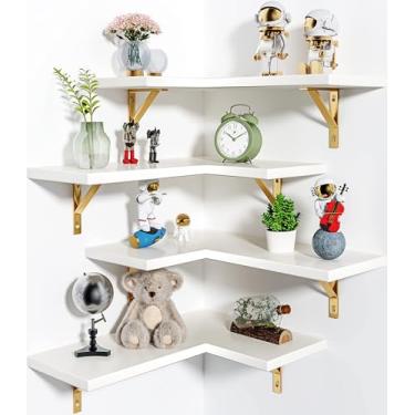 Imagem de Prateleira de canto montada na parede, conjunto de 4, prateleiras flutuantes de canto, prateleira de parede de canto, prateleira suspensa de canto para sala de estar, cozinha e quarto (ouro branco,