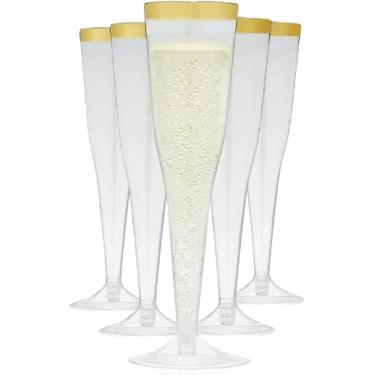 Imagem de Plástico transparente clássico vidro como champanhe festas de casamento brinde flautas, Gold Rim with Gold Glitter, 60