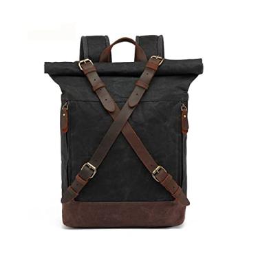 Imagem de Mochilas de lona vintage para homens Mochila de viagem de couro de lona para homens grandes Mochilas de dia retrô(Black)