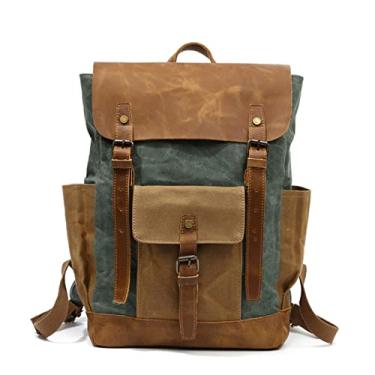 Imagem de Mochila vintage masculina de lona bolsa de viagem de couro encerada para laptop bolsa masculina de lona encerada(Lake Green)