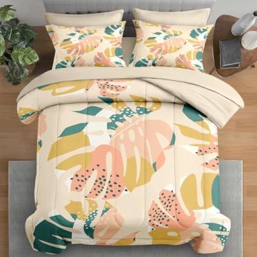Imagem de Pamnest Jogo de edredom Queen, botânico com folha de palmeira Monstera, 7 peças, verde primavera e verão, para decoração de quarto de crianças e adultos, 2 fronhas e 2 fronhas