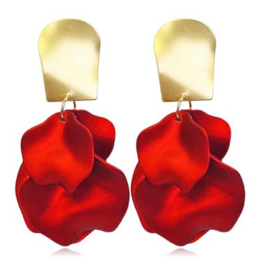 Imagem de QUSIJIA Brincos femininos elegantes elegantes com pétala de rosa vermelha com borla floral exagerada fosco para verão e praia, trumpet, Acrílico, Sem pedra preciosa