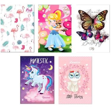 Imagem de Kit 5 Caderno Estampas Todas Diferentes 96 Folhas Costurado Menina Cap