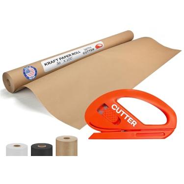 Imagem de IDL Packaging Rolo de papel marrom 91,4 cm x 3048 cm (30,5 m) com cortador - Rolo de papel kraft 22,7 kg de espessura - Papel de embrulho marrom para embalagem, mudança, envio e artesanato/artes -