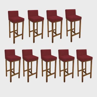 Imagem de Kit 09 Banqueta Alta Com Encosto Loren Cozinha Balcão Bistrô Base Madeira Rústico Suede Vermelho - Ahz Móveis