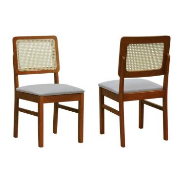 Imagem de Kit 2 Cadeiras Madeira Maciça Lyon Encosto Telinha Natural - Amêndoa Assento Estofado Linho Bege Mescla Impermeável