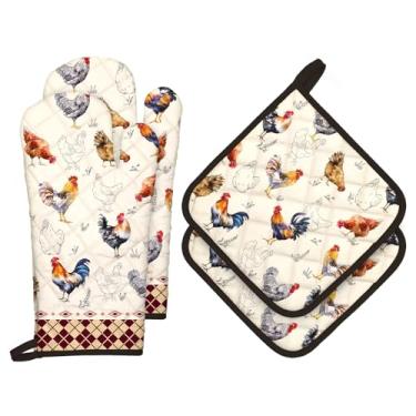 Imagem de Arquiel Conjunto de luvas de forno e suportes de panela Roosters, 4 peças, 100% algodão, resistentes ao calor, luvas de forno extralongas para cozinha, cozinha, decoração de panificação