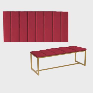 Imagem de Kit Painel Carla e Recamier Industrial 160cm Queen Size Box Ferro Dourado Sintético Vermelho - Ahz Móveis