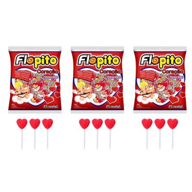Imagem de Pirulito flopito coração morango kit com 3 pacotes de 500g florestal atacado