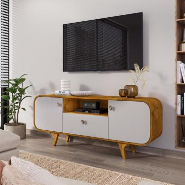 Imagem de Rack para TV Até 55 Polegadas 2 Portas 1 Gaveta com Pés de Madeira Maciça Noronha Bechara - Naturale/Off White