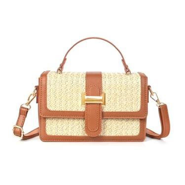 Imagem de OWGSEE Bolsas transversais de palha para mulheres, bolsa clutch de palha de verão, bolsa de praia de tecido para férias, Marrom A