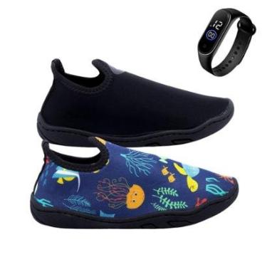 Imagem de Kit 2 Sapatilha Hibrida Aquática Infantil para Natação Praia + Relógio-Unissex