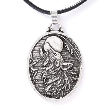 Imagem de HAQUIL Wolf Necklace, pingente de lobo noturno uivando para a lua, cordão de couro falso, presente de joia de lobo