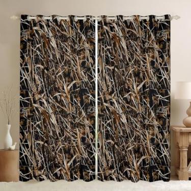 Imagem de Feelyou Cortinas de escurecimento de camuflagem (2 painéis, 42 x 63 polegadas) Cortinas de grama para quarto, sala de estar, estilo militar, galhos de árvores, folhas camufladas, 30%-50%, cortinas