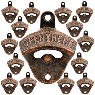 Imagem de Luwanburg Abridor de garrafa montado na parede, 15 peças, abridor de tampa de cerveja de ferro fundido a granel montado em prancha de madeira cobre antigo para bricolage