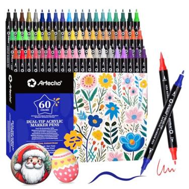 Imagem de Artecho Canetas de tinta acrílica 60 cores, marcadores de tinta acrílica de ponta dupla com ponta de pincel e ponta fina para pintura rupestre, vidro, papel, madeira, ovo, tela, cerâmica, tecido,