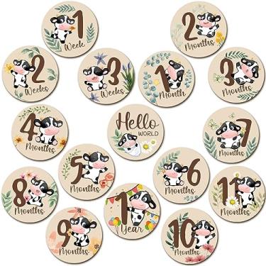 Imagem de 16 peças de cartões de marcos mensais de madeira para bebês discos marcadores de marcos mensais de dois lados círculos de madeira sinais de meses de bebê para chá de bebê adereços de foto de recém-nascido (vaca e folhas)