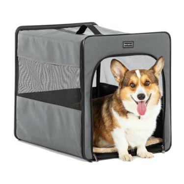 Imagem de PETSFIT Caixa portátil para cães, caixa para cães de viagem - 61 cm com tapete espesso, fácil de dobrar, resistente e portátil, perfeita para viagens, canil macio cinza